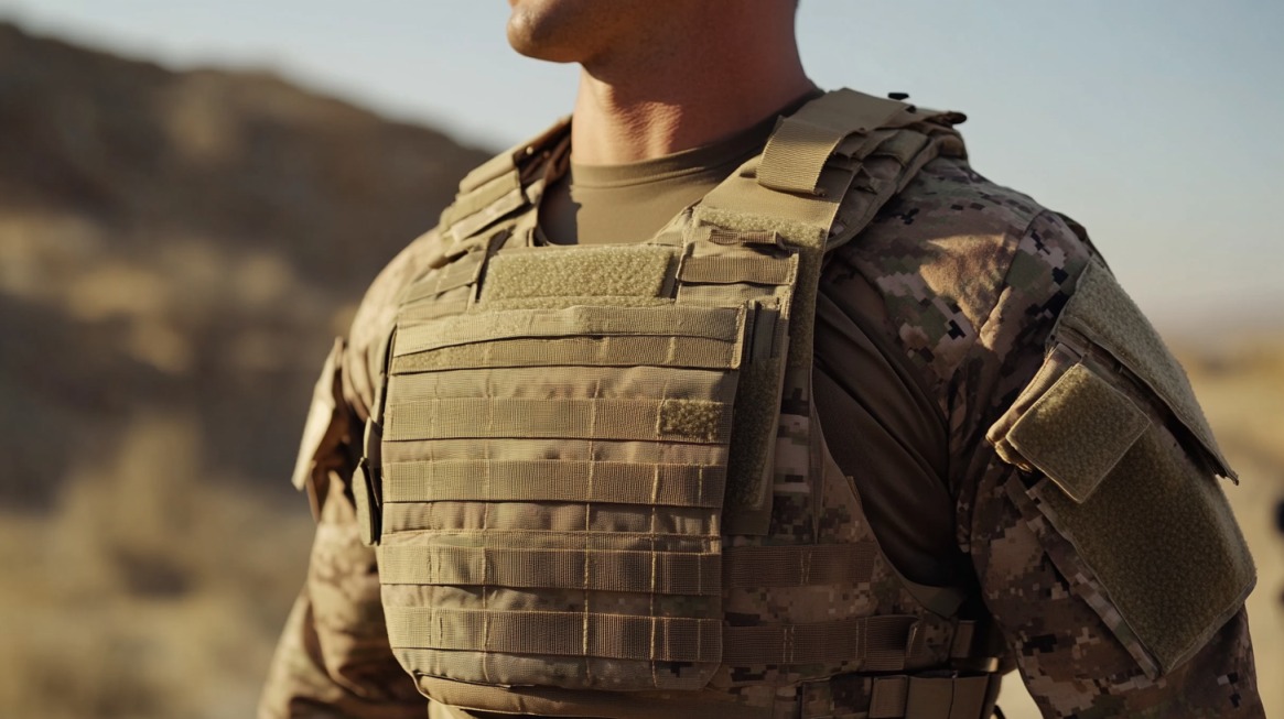 Close-up of a soldier wearing tactical body armor and camouflage gear in a desert environment