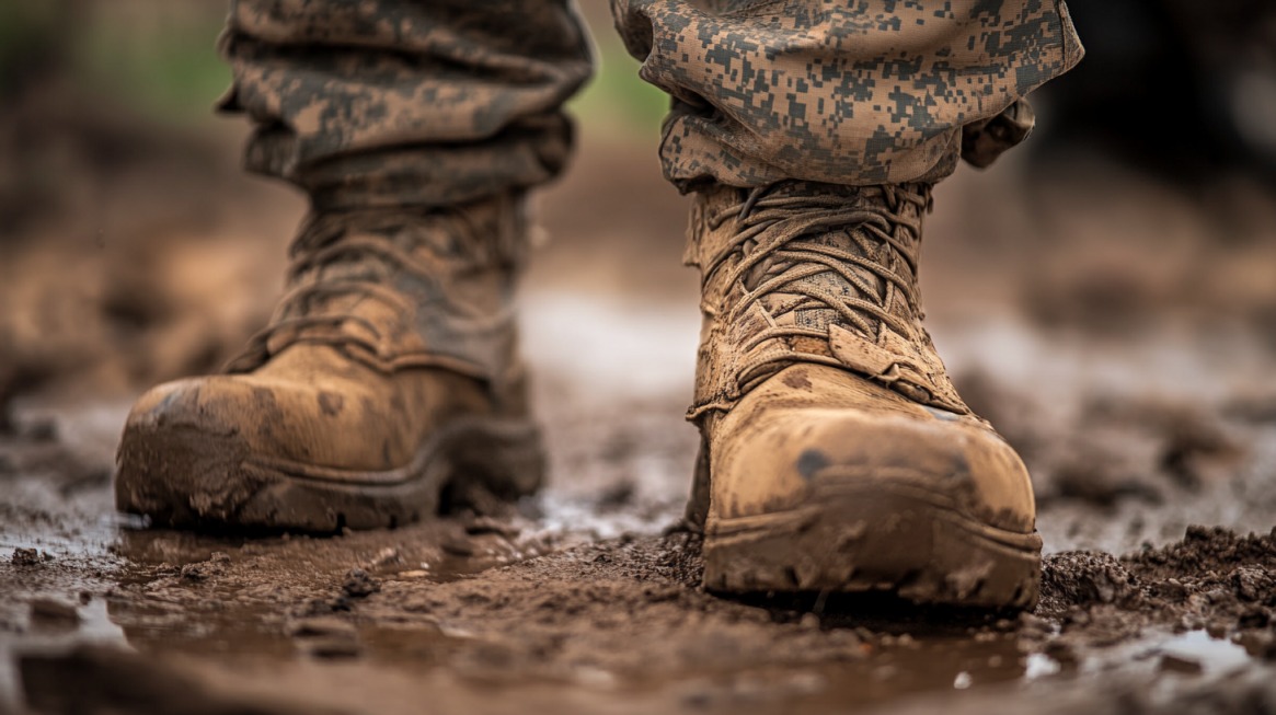 Close-up of a soldier's muddy tactical boots in rugged terrain