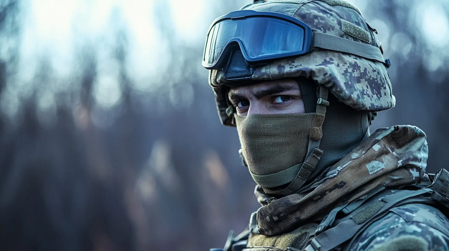 Close-up of a soldier wearing tactical military gear, including a helmet, goggles, and a face mask