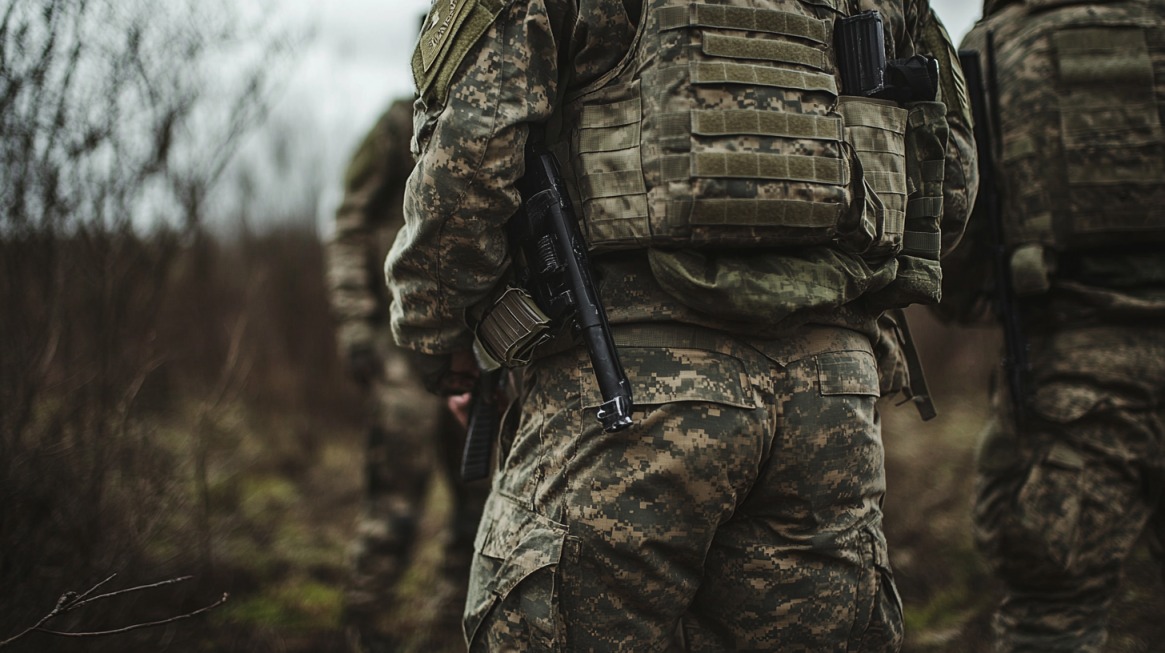 Close-up of soldiers in tactical military uniforms with rifles, standing in a field