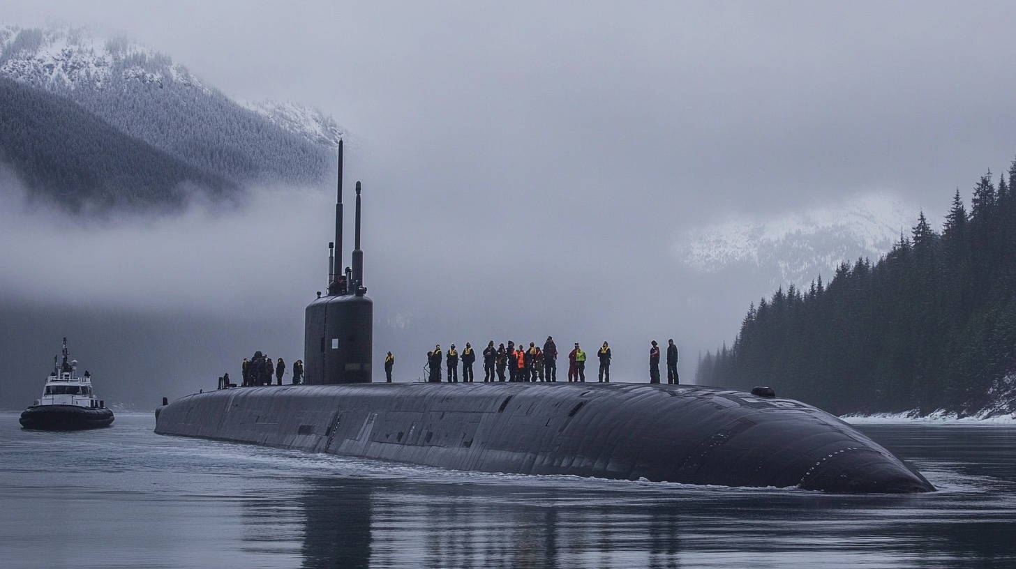 A nuclear submarine surfacing in an icy fjord, surrounded by snow-covered mountains and mist, with crew members standing on top