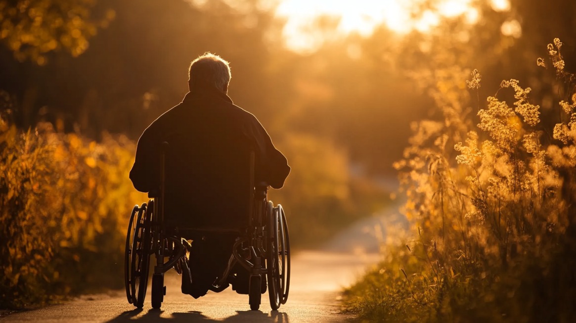 A person in a wheelchair is seen from behind, moving along a sunlit path surrounded by tall grass and trees