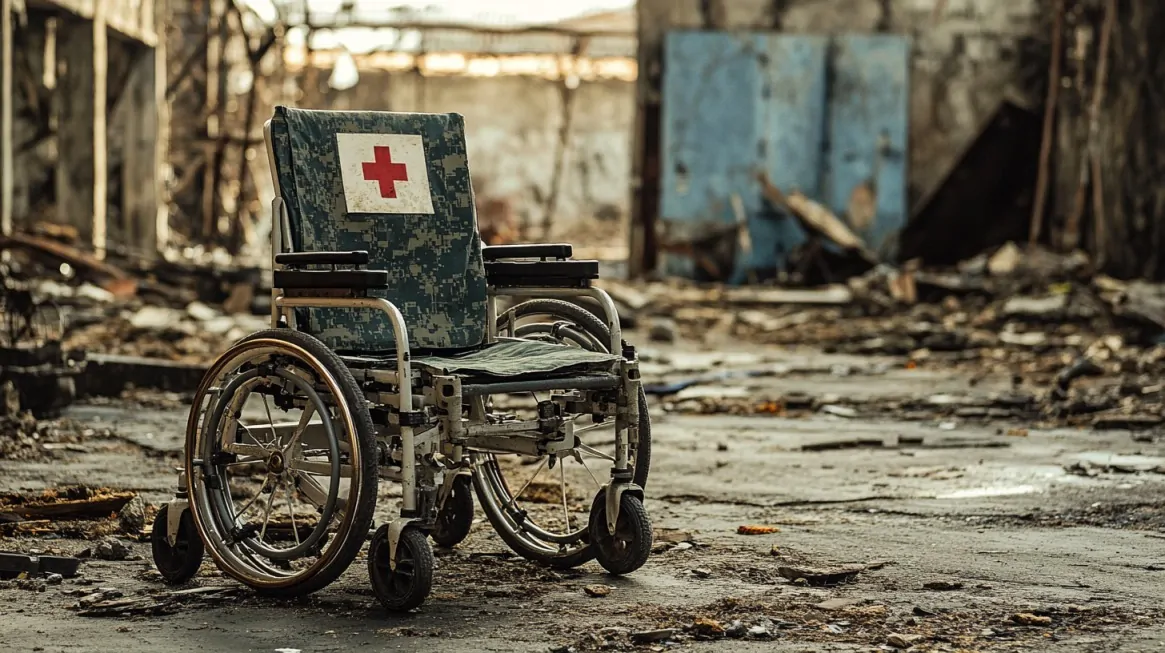 Empty military-style wheelchair with a red cross emblem, positioned in a war-damaged setting.