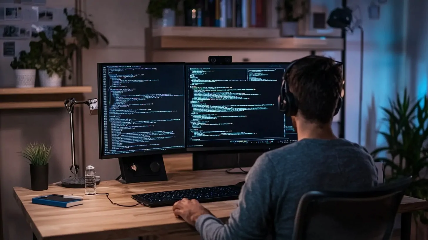 A programmer wearing headphones working on a dual-monitor setup, writing code in a dimly lit home office with plants and bookshelves in the background