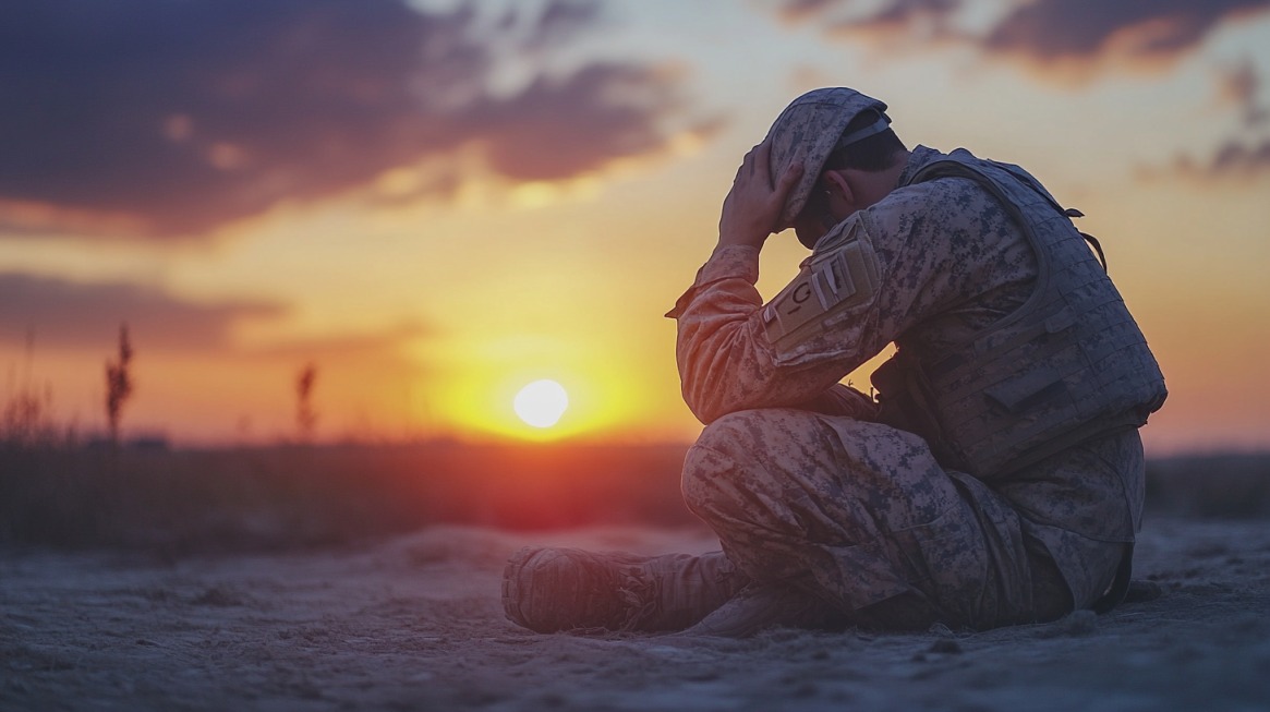 Soldier in camouflage uniform sitting on the ground at sunset, holding his head in distress