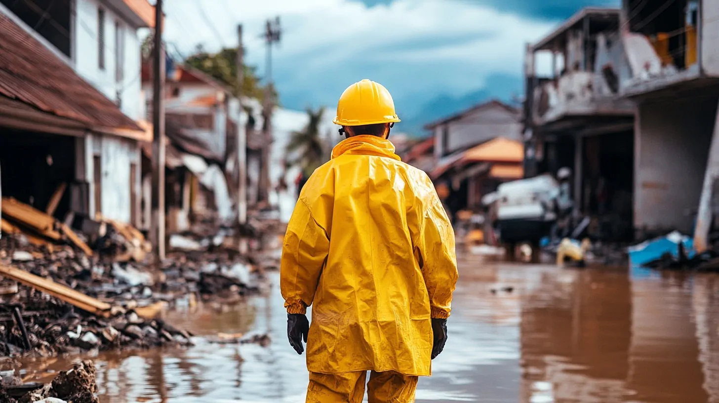 A worker in a yellow raincoat and hard hat walks through a flooded, storm-damaged street with debris and destroyed buildings around