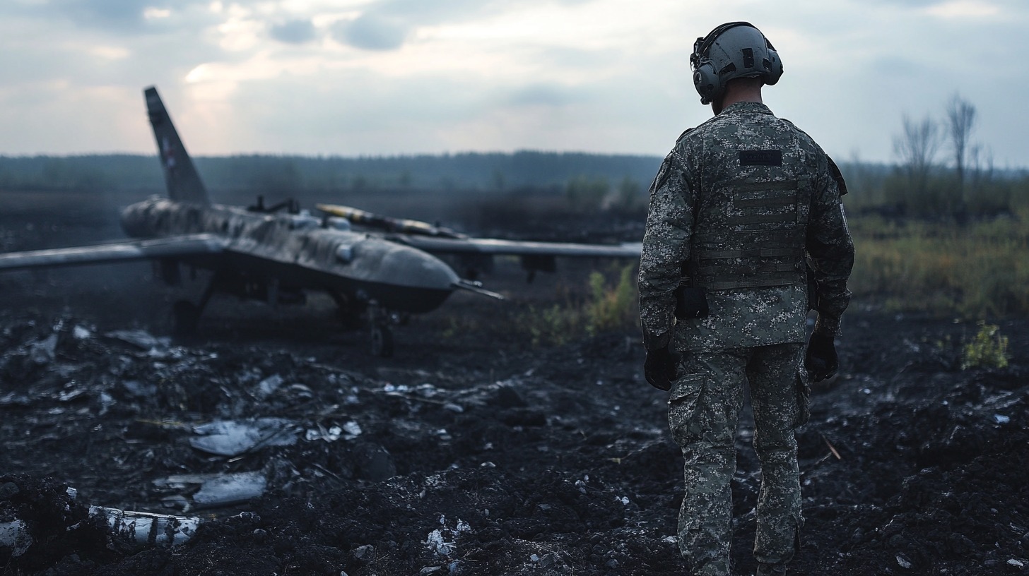 A soldier in camouflage gear stands in a scorched battlefield, observing the wreckage of a destroyed drone