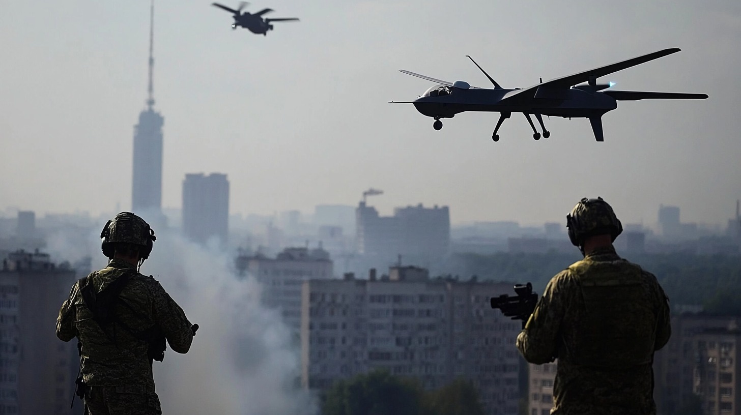 Two soldiers in tactical gear observe military drones flying over a city skyline with smoke in the background