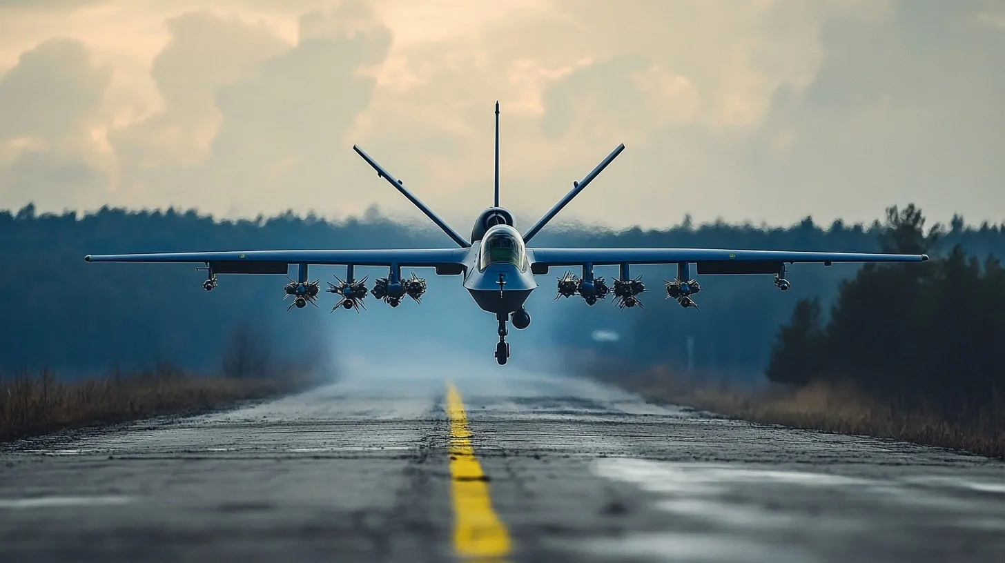 A military drone with multiple weapons attached takes off from a runway, with a cloudy sky and forest in the background