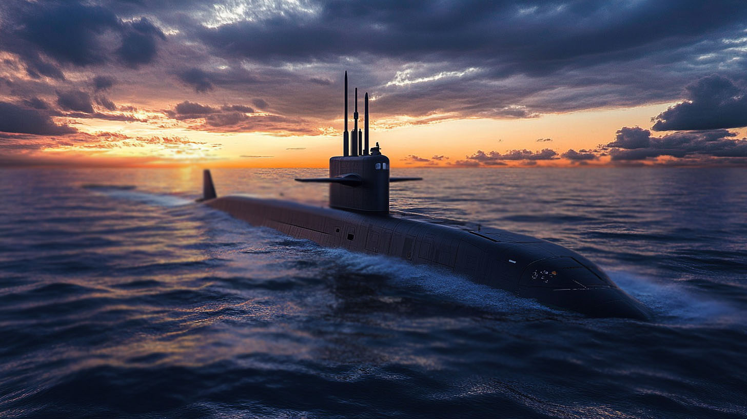 A black submarine surfacing in the open ocean at sunset, with dramatic clouds and golden light reflecting on the water