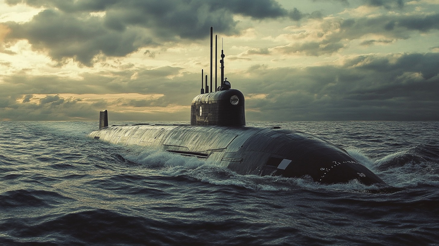 A black military submarine surfacing in the open ocean with dark clouds in the background at sunset