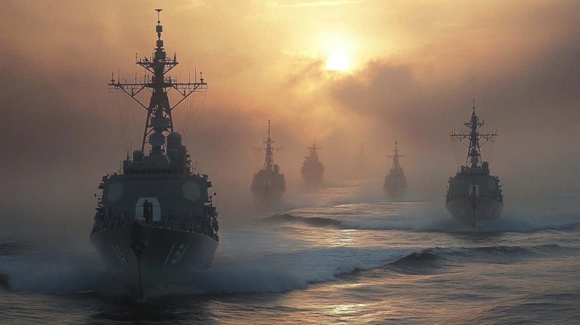 A fleet of navy warships sailing through misty waters at sunrise, creating a dramatic and powerful scene