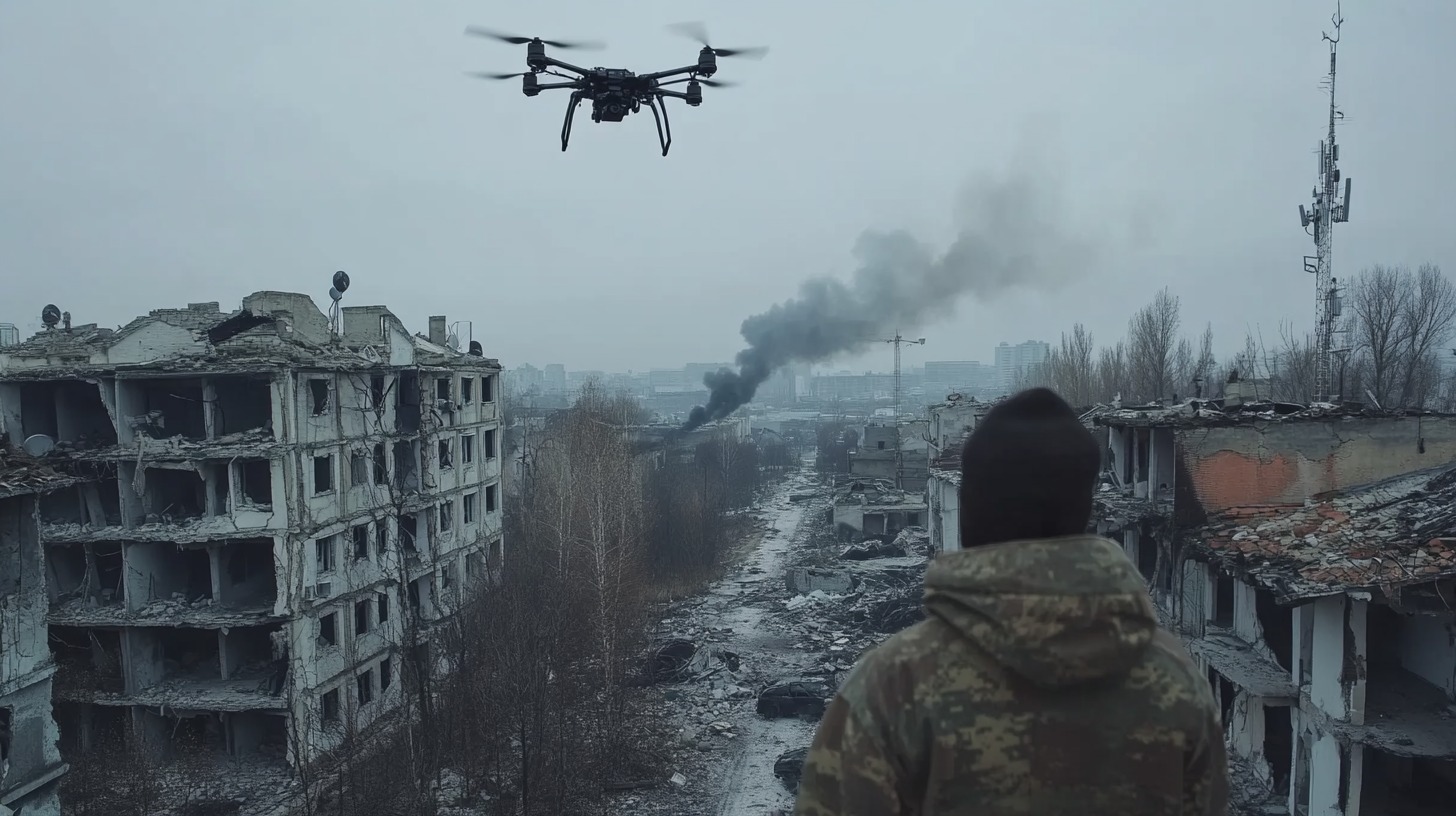 A soldier watches a drone hovering over a war-torn city with destroyed buildings and smoke rising in the distance