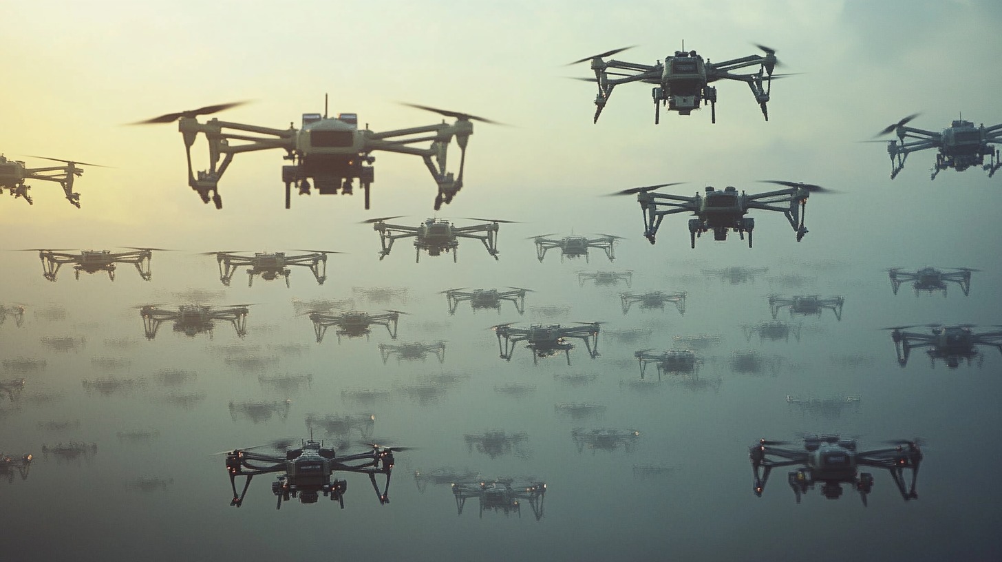 A massive swarm of military drones flying through a misty sky, symbolizing the rise of autonomous aerial warfare and surveillance technology