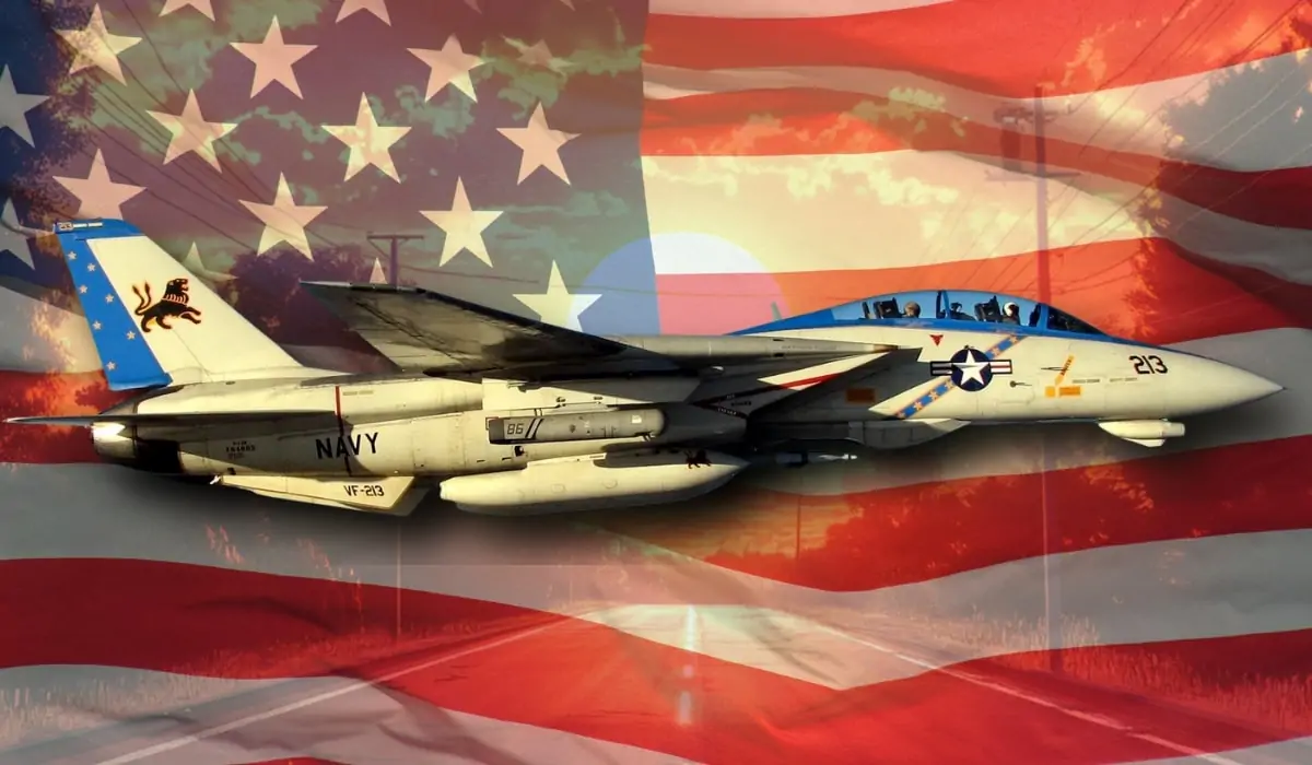 An American F-14 Tomcat fighter jet flying with the U.S. flag in the background