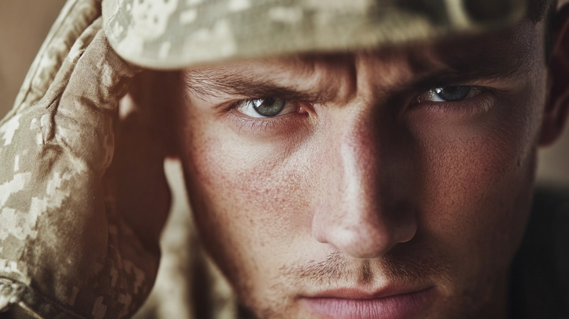 Close-up of a soldier's intense gaze, wearing camouflage gear and looking forward with determination