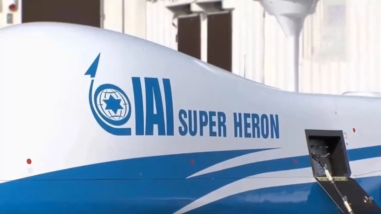 Close-up of the IAI Super Heron drone, featuring the Israel Aerospace Industries (IAI) logo and blue-white markings