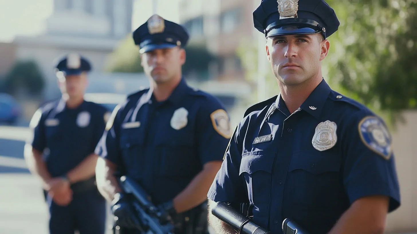 Three uniformed police officers standing in formation, maintaining security and vigilance in an urban environment