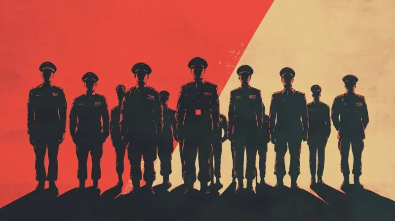 Stylized illustration of a group of military officers in uniform standing in formation, with bold red and beige background