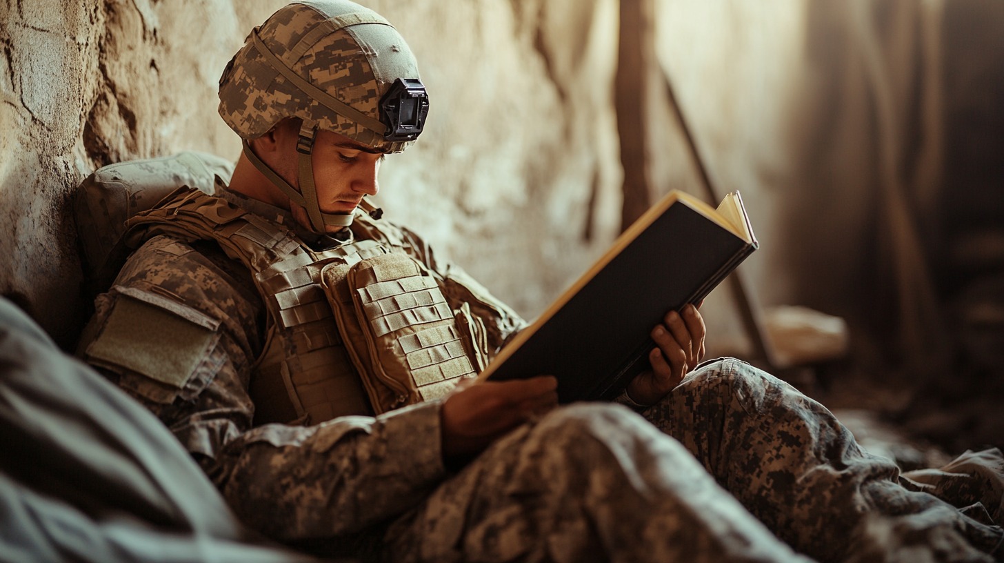 A soldier in full combat gear sits against a rugged wall, deeply immersed in reading a book