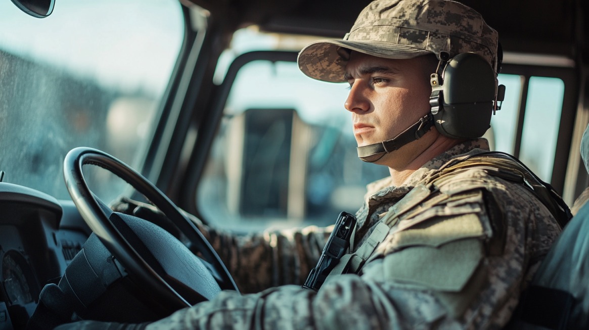 A military driver in uniform wearing a communication headset, focused while operating a military transport vehicle