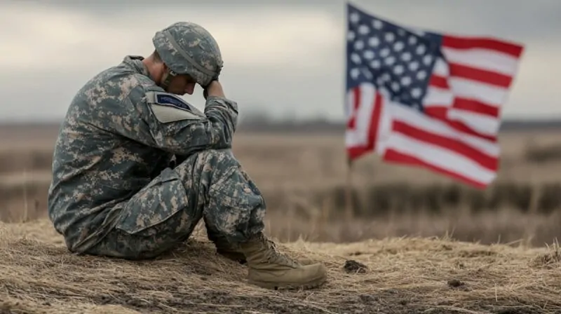 A soldier in uniform sits with his head resting on his hand, appearing solemn, with an American flag waving in the background