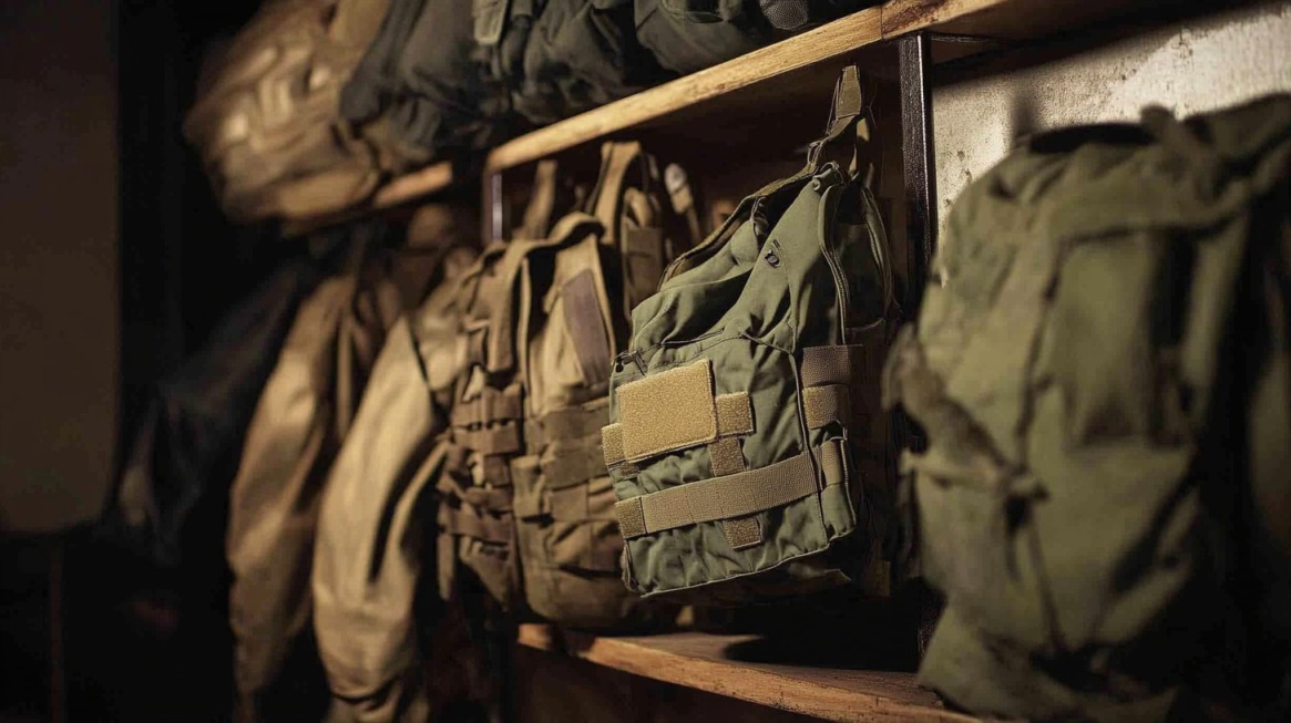 Military-grade tactical backpacks and vests neatly arranged on wooden shelves