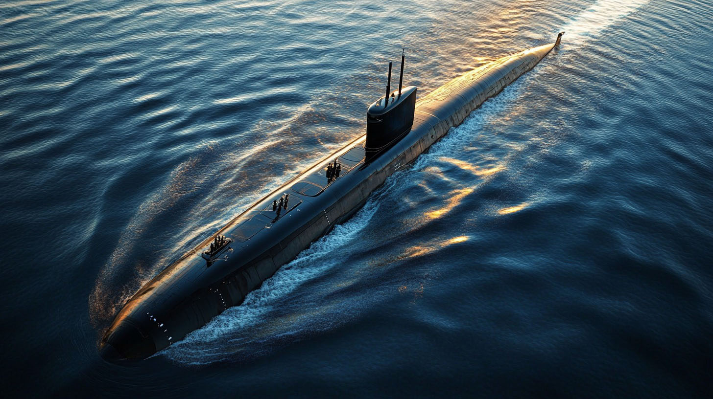 A black military submarine cruising on the ocean surface at sunset, creating ripples in the water