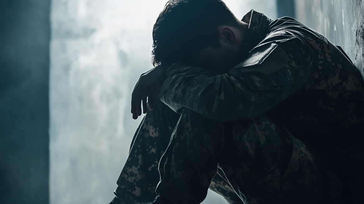 A soldier in uniform sits on the floor with his head resting on his arms, appearing overwhelmed and distressed