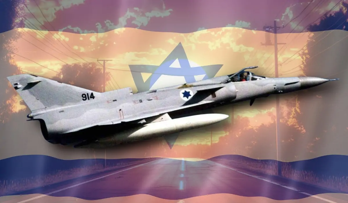 An Israeli IAI Kfir fighter jet soaring with the Israeli flag in the background