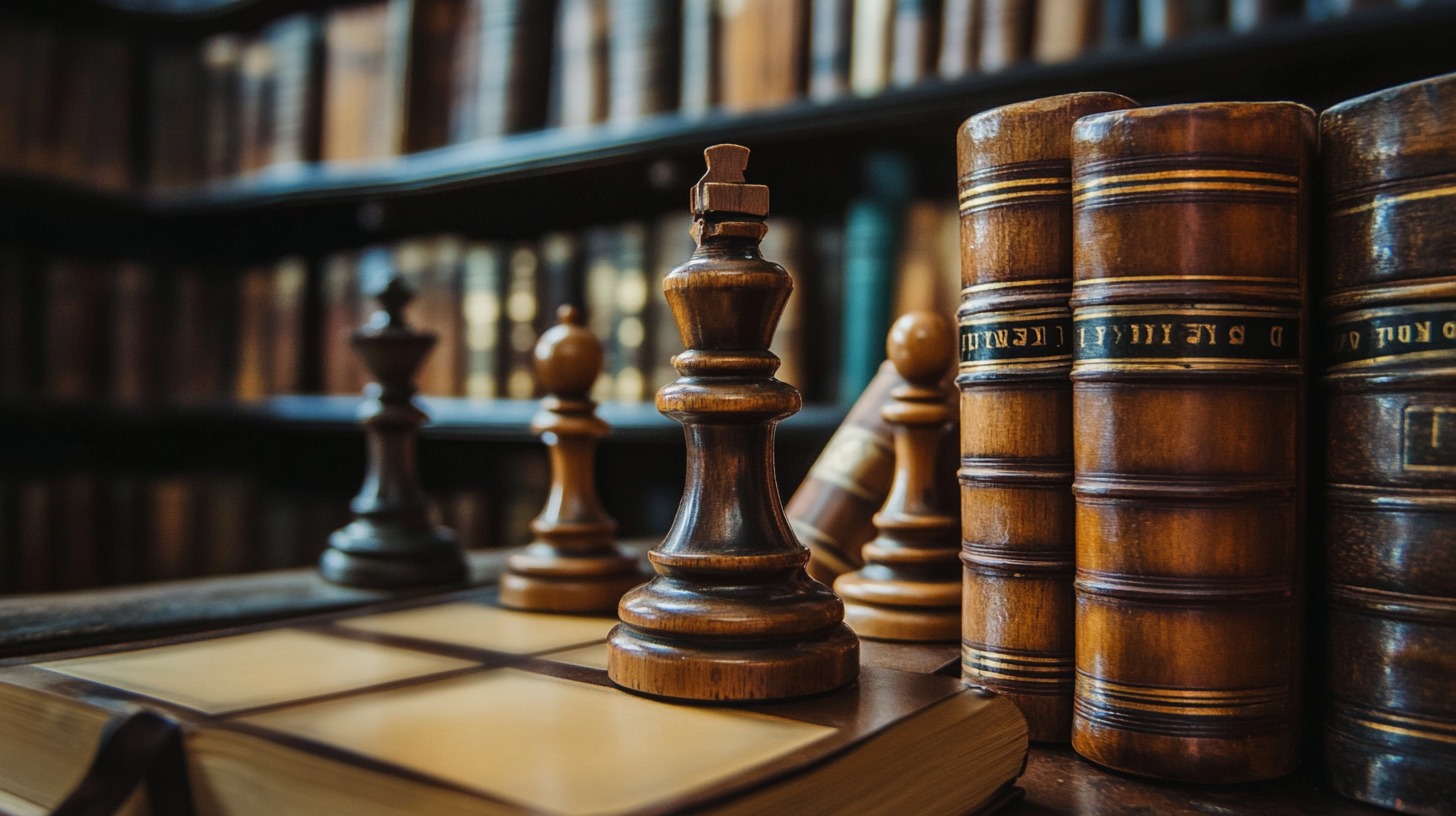 A wooden chess set placed among antique books in a library, symbolizing strategy, knowledge, and leadership