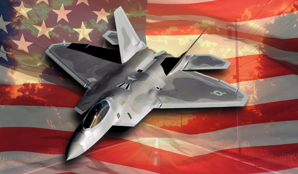 An F-22 Raptor fighter jet superimposed over the American flag, symbolizing U.S. air dominance