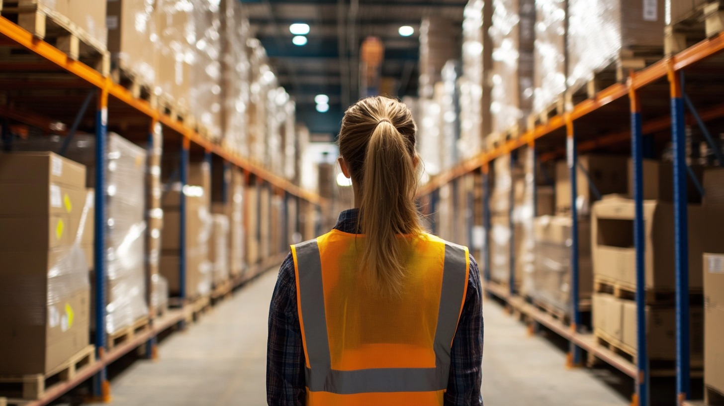 A woman in a high-visibility vest stands in a large warehouse, surrounded by stacked boxes and tall storage racks