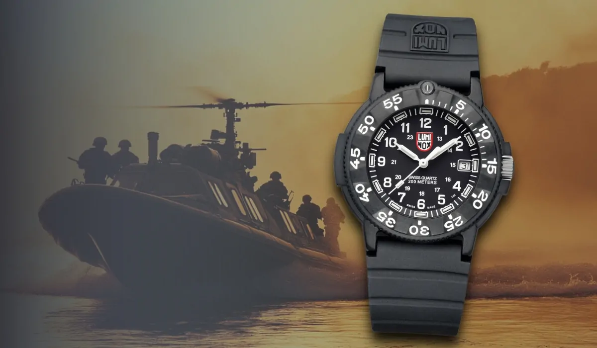 A rugged Luminox Navy SEAL watch displayed against a military boat and helicopter background