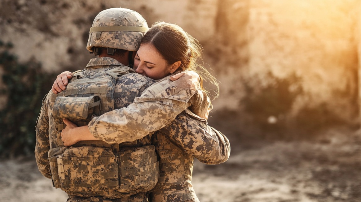 Two soldiers in camouflage uniforms embrace warmly, expressing deep emotion and connection