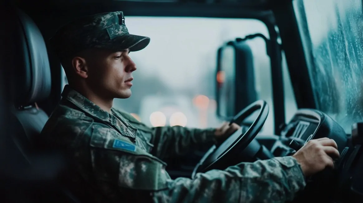 A military driver in uniform focused on the road while driving a military vehicle in rainy conditions