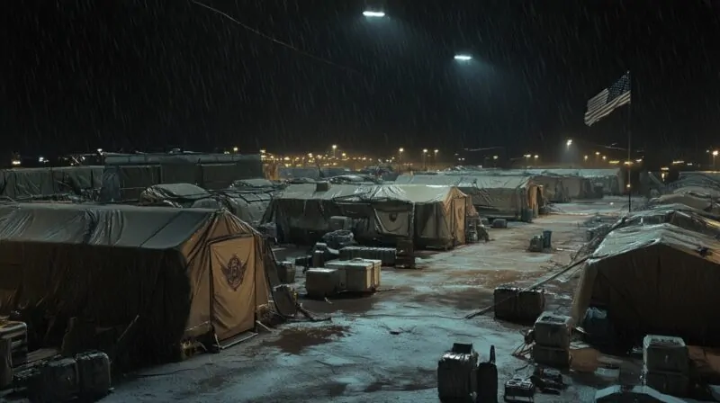 Night view of a military base camp with rows of tents under heavy rain and an American flag waving