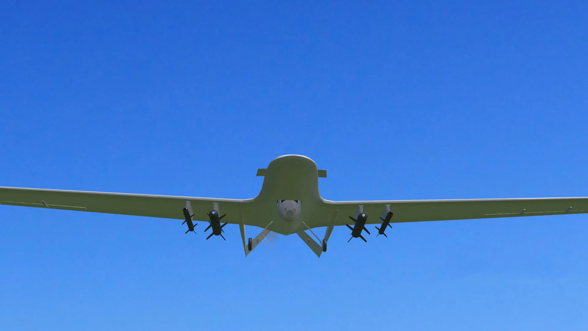 A military drone armed with missiles flying against a clear blue sky.