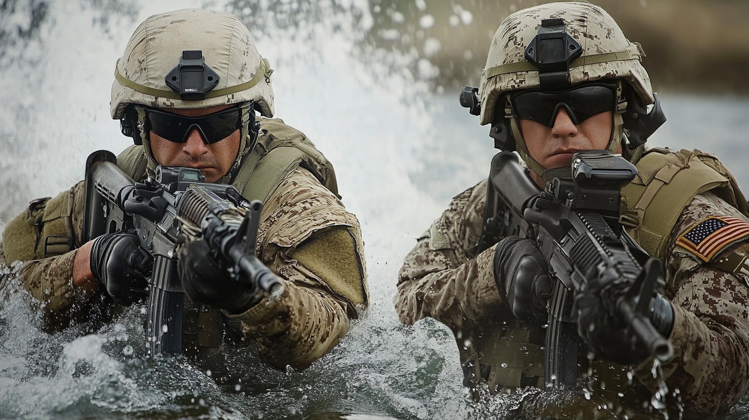 Two special forces soldiers in tactical gear emerging from the water, gripping rifles, with intense focus on their mission