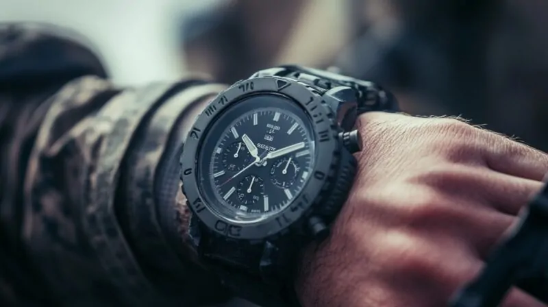 Close-up of a rugged black tactical watch on a soldier’s wrist, with a camouflage uniform in the background