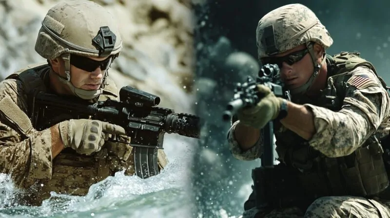 Side-by-side image of two special forces soldiers; one wading through water with a rifle and the other aiming down sights in a tactical stance, both wearing military gear and helmets