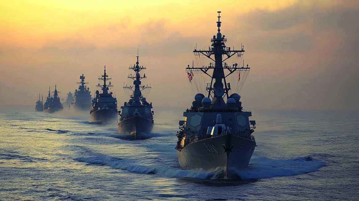 A fleet of U.S. Navy warships sailing in formation on calm waters during sunrise