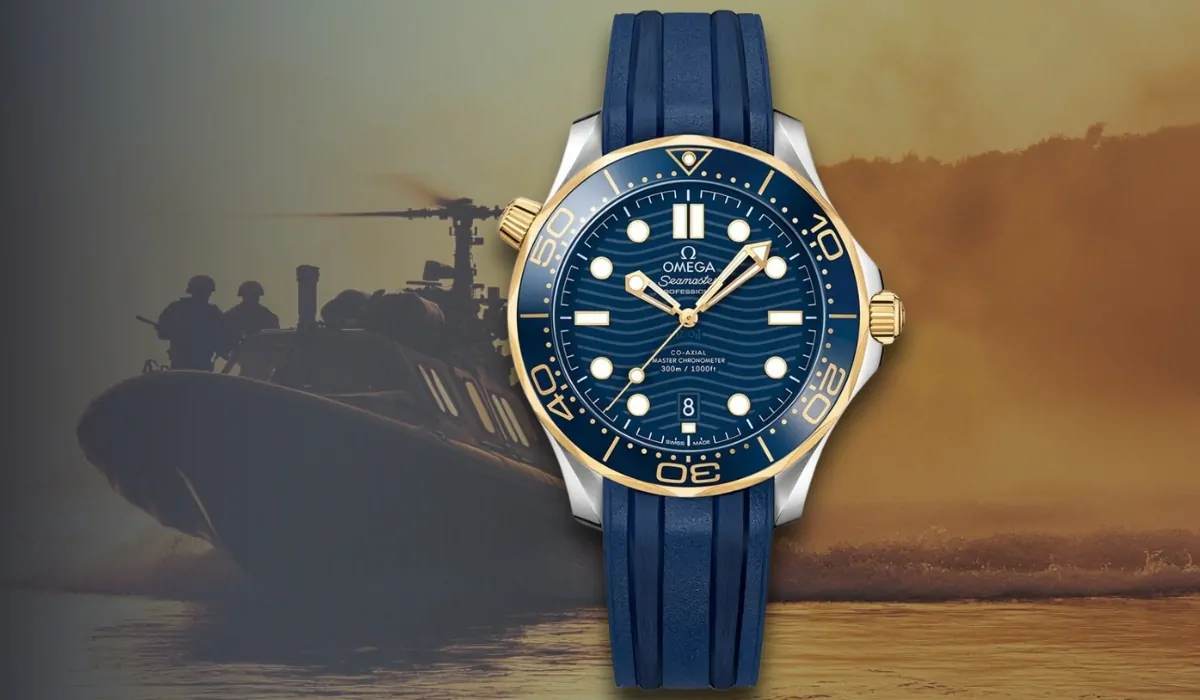 An Omega Seamaster dive watch with a blue and gold design, set against a military boat and helicopter background