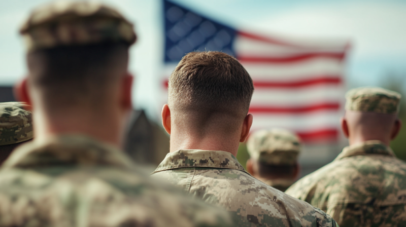 Soldiers in Camouflage Uniforms Standing in Formation with The American Flag in The Background