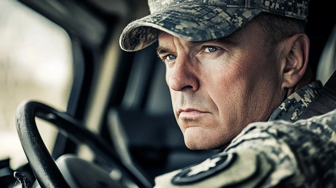 Close-up of a military driver in camouflage uniform sitting behind the wheel, looking intently ahead