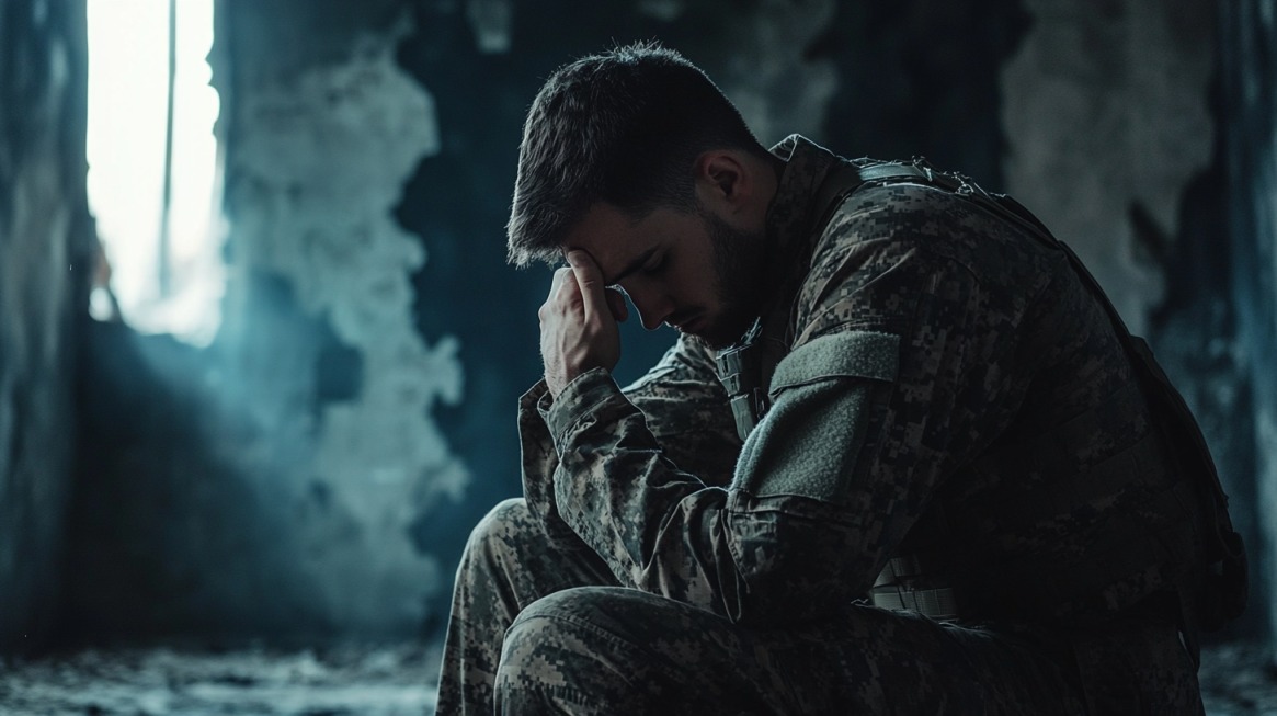 Soldier in military uniform sitting with head in hand, showing signs of emotional distress in a dark, damaged room