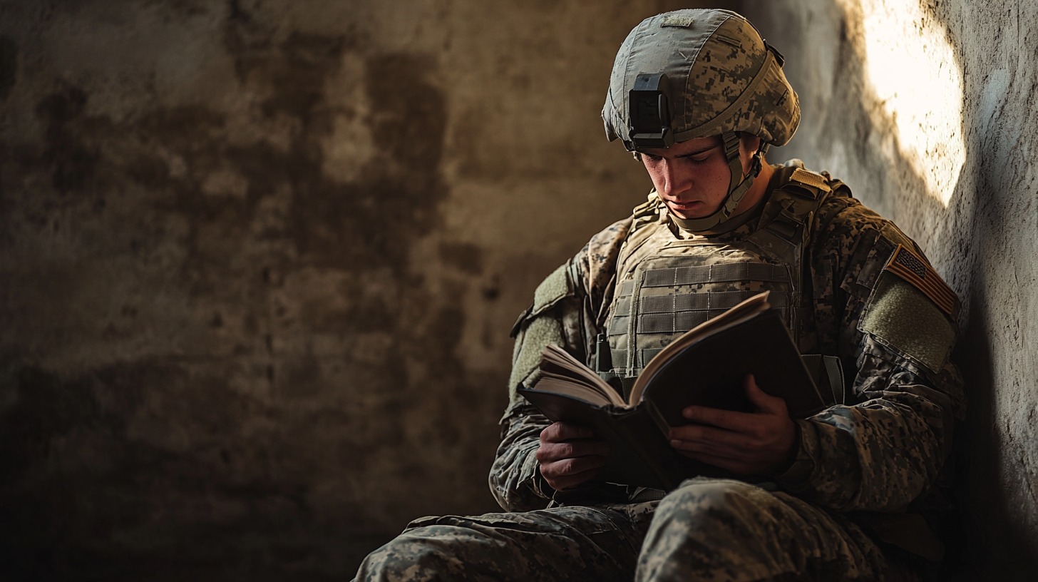 A soldier in full military gear sits against a rugged wall, deeply engrossed in reading a book