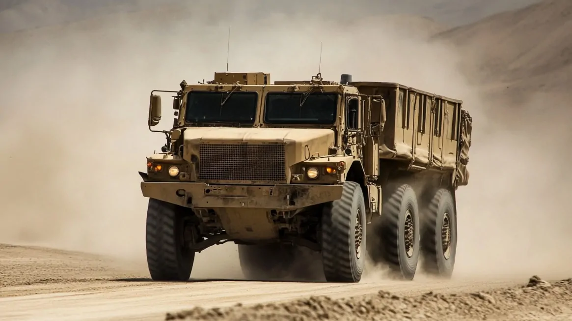 A rugged military transport truck kicking up dust as it drives through a desert landscape