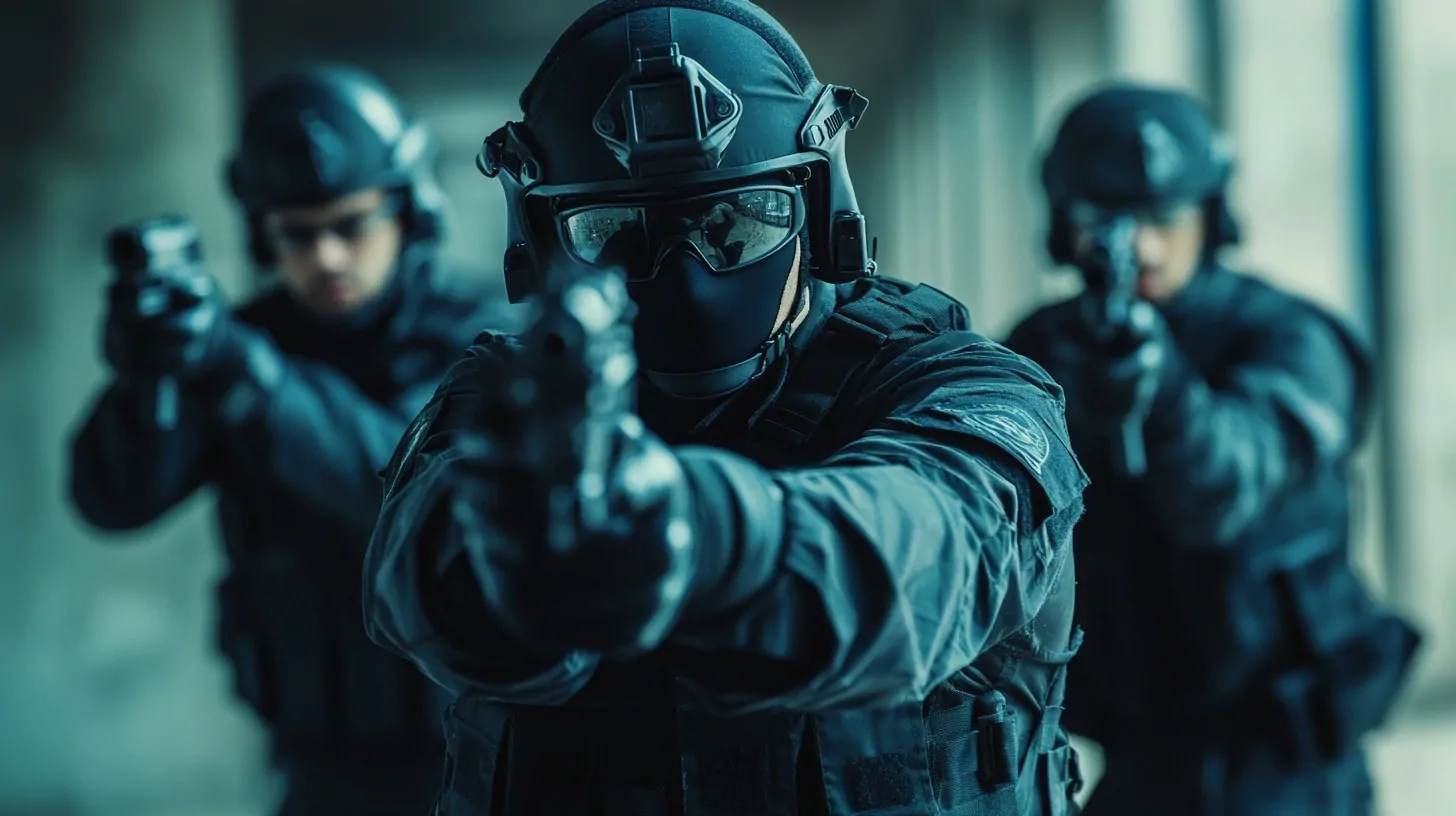 Three heavily armed tactical officers in black gear aiming their weapons in a high-intensity operation