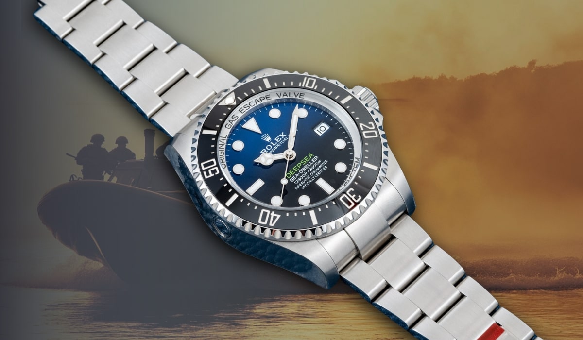 A Rolex Deepsea Sea-Dweller watch with a blue gradient dial and stainless steel bracelet, set against a military boat and helicopter background